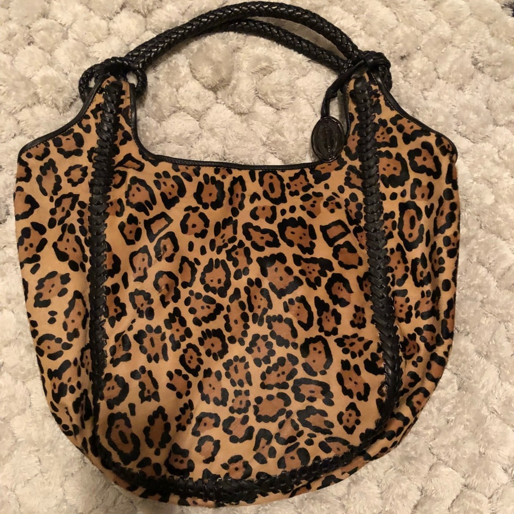 Elie Tahiti large leopard print pony hair tote.